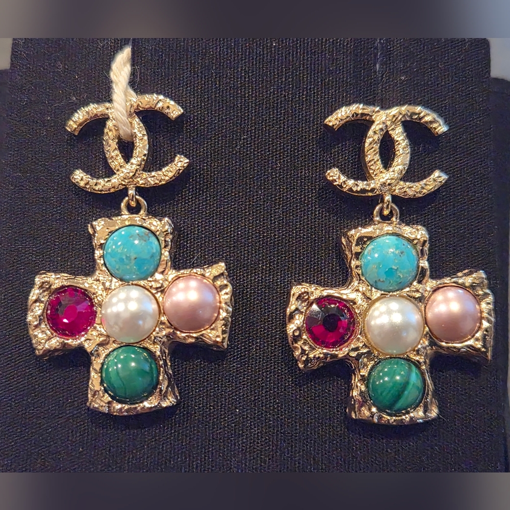 CHANEL 22S Gold Plated Cross Earrings Multicolored Stones